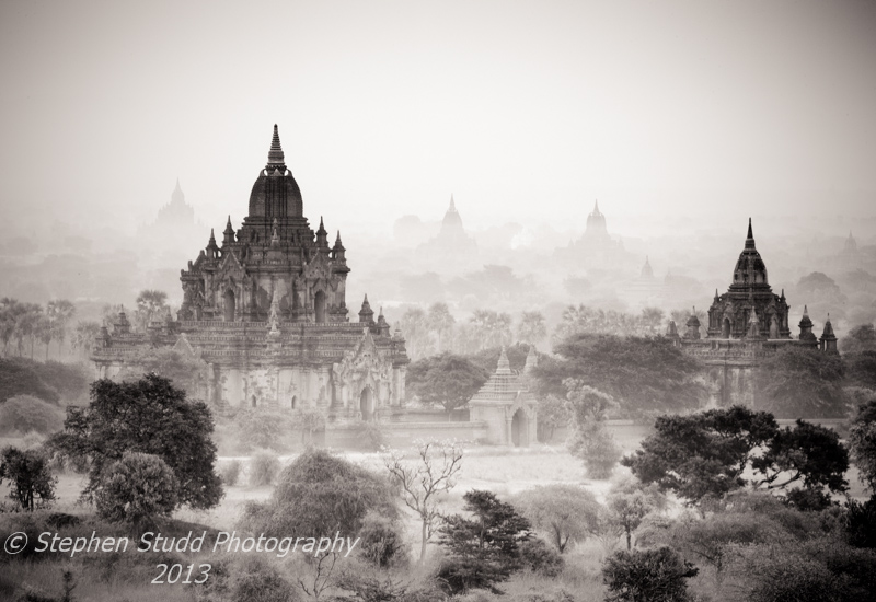 Myanmar Burma Bagan temples sunrise black and white