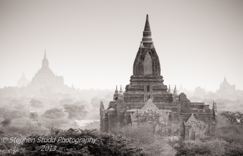 Myanmar Burma Bagan temples sunrise black & white
