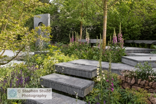 Stephen Studd - The Brewin Dolphin Garden - slate steps leading up to seating area with Salvia and foxgloves - Designer Darren Hawkes Landscapes - Sponsor Brewin Dolphin awarded gold medal