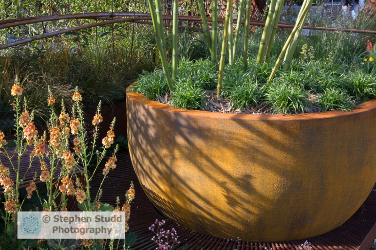 Stephen Studd - Dark Matter Garden - bamboo in large rusted steel container and Verbascum -designer Howard Miller Design Ltd - sponsors Science and Technology Facilities Council – Liverpool John Moores University – Urbis Design - awarded